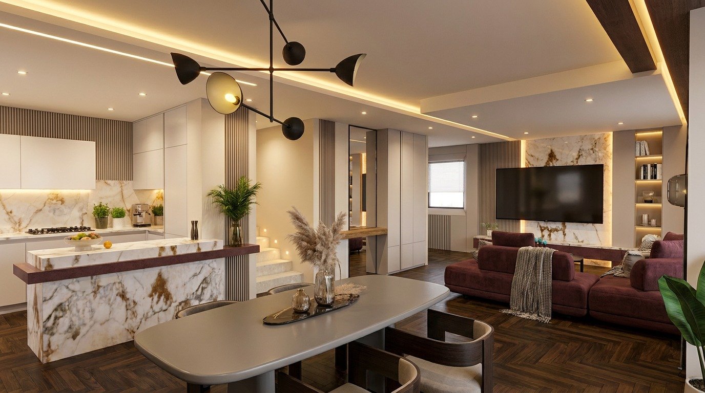 Open space con cucina, zona pranzo e living